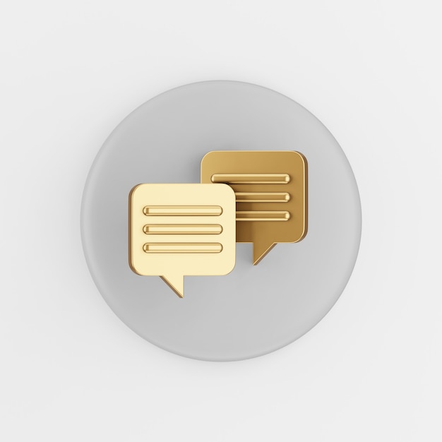 Gouden vierkante spraak bubbels pictogram. 3D-rendering grijze ronde sleutelknop, interface ui ux-element.