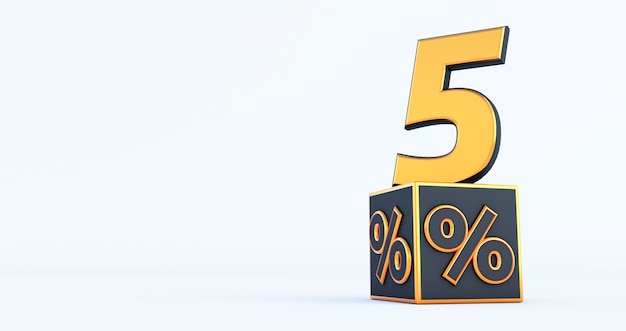 Gouden vijf 5 procent nummer met zwarte kubussen percentages geïsoleerd op een witte achtergrond. 3D render