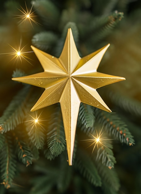 Gouden vijfpuntige ster kerstversiering voor haging op de boom