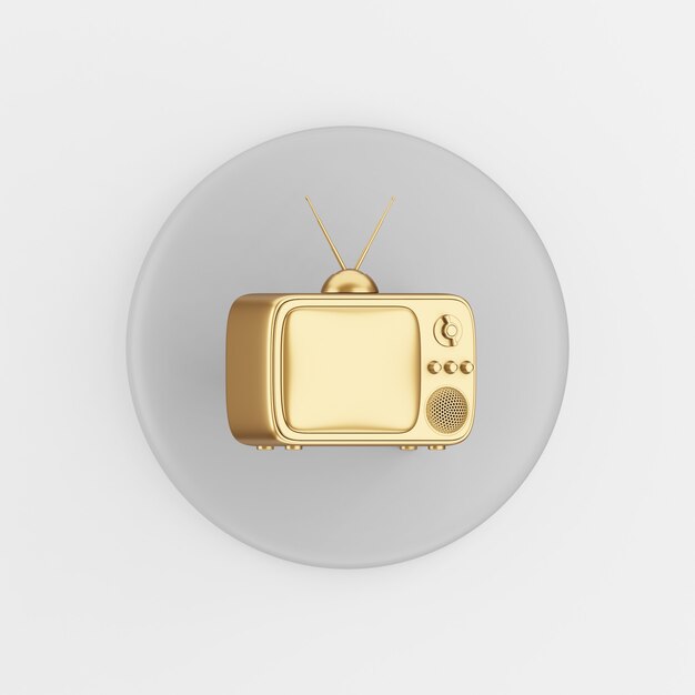 Gouden vintage tv-pictogram. 3d-rendering ronde grijze sleutelknop, interface ui ux-element.