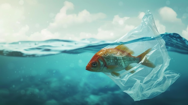 Gouden vis gevangen in een plastic zak onder water die de vervuiling van de zee illustreert