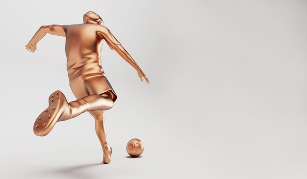 Gouden voetbalvoetballer die een bal schopt in een actiehouding 3D Rendering