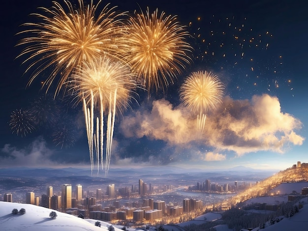 Gouden volleys vuurwerk voor Kerstmis en Nieuwjaar in de winter over een besneeuwde stad met meerdere verdiepingen