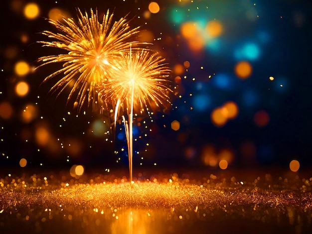 Gouden vuurwerk en bokeh in Nieuwjaarsavond abstracte achtergrond