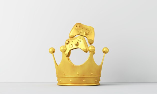 Gouden winnende medaille voor videogames. Spelbesturing met een gouden kroon. 3D-weergave.