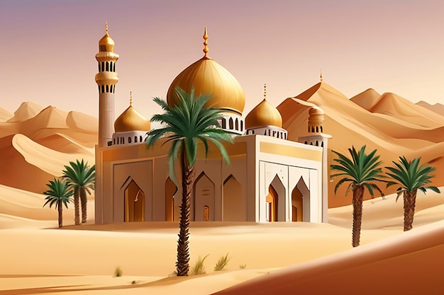 Gouden woestijn islamitische moskee datum palmboom Arabisch landschap illustratie