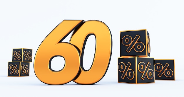 Gouden zestig 60 procent nummer met zwarte kubussen percentages geïsoleerd op een witte achtergrond. 3d render