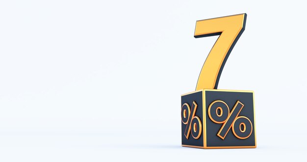 Gouden zeven 7 procent nummer met zwarte kubussen percentages geïsoleerd op een witte achtergrond. 3D render