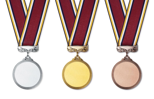 Gouden, zilveren en bronzen medaille op wit