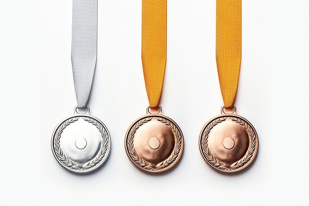 Foto gouden zilveren en bronzen medailles ingesteld op witte achtergrond