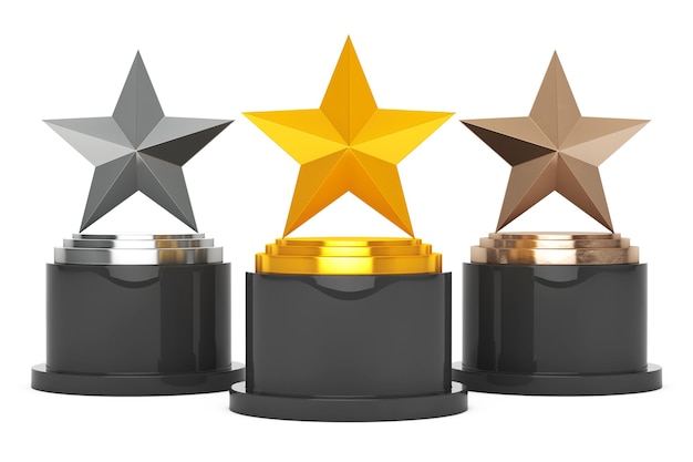 Gouden, zilveren en bronzen Star Awards op een witte achtergrond. 3D-rendering