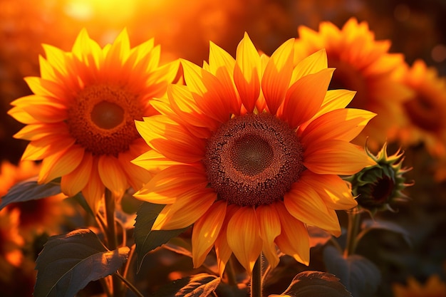 Gouden zonnebloemen in het gouden uur