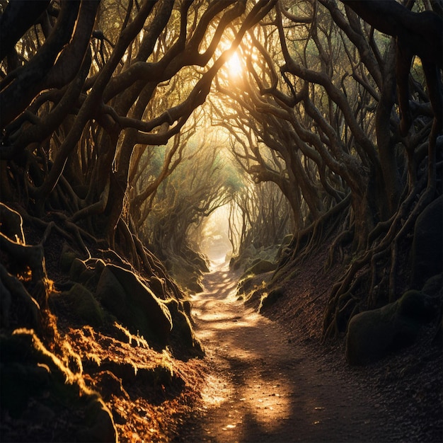 Gouden zonneschijn door het bos, herfst, magische fantasie.