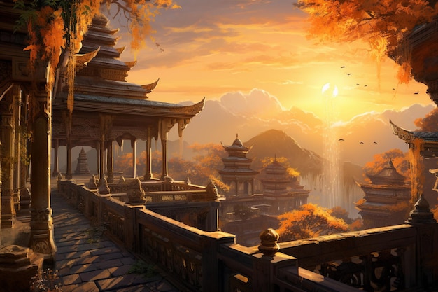 Gouden zonsondergang boven de oude tempel