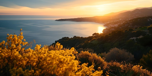 Gouden zonsondergang over kustlandschap serene natuurlandschap rustige avond bij de zee perfect voor achtergrond gebruik AI