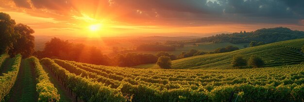 Gouden zonsondergang over weelderige wijngaarden