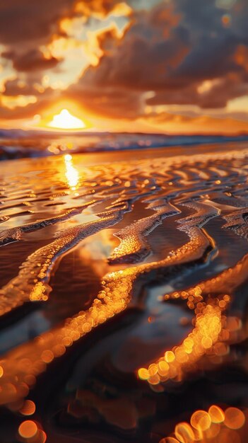 Gouden zonsondergang weerspiegeld op het golvende strand