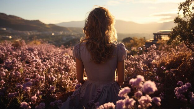 Foto goudharige dame omringd door stralende bloemen onder een heldere azuurblauwe hemel die de pracht van de natuur en de gratie van een andere wereld belichaamt