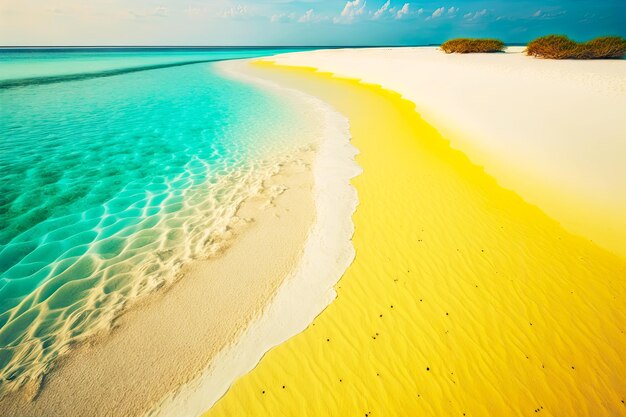 Goudkleurig zand aan de oevers van de turquoise zee op het tropische eiland Malediven