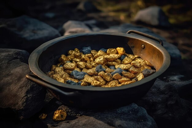 Goudklompjes in mijnwerkers Pan Natural Treasure Generatieve AI