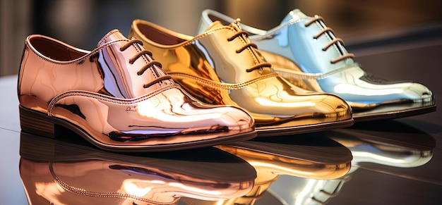 Foto goudmetalen schoenen op een witte zomerdisplay in de stijl van hoogglans gepolijste oppervlakken
