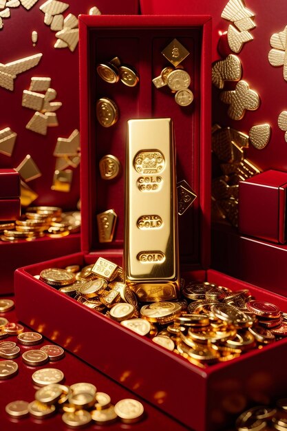Foto goudstaaf in de luxe rode doos