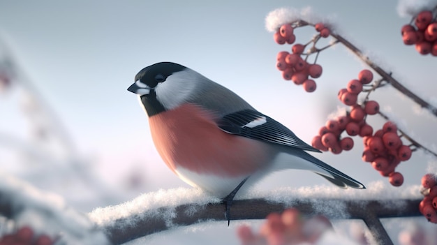 Goudvink vogel zit op een bos rode lijsterbessen Kerstwenskaart AI generatief