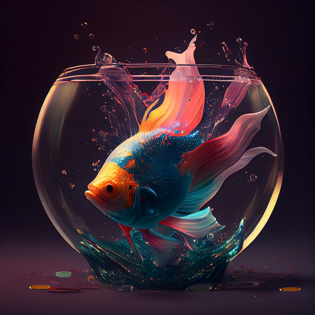 Goudvis in een rond aquarium met waterplons 3D-rendering