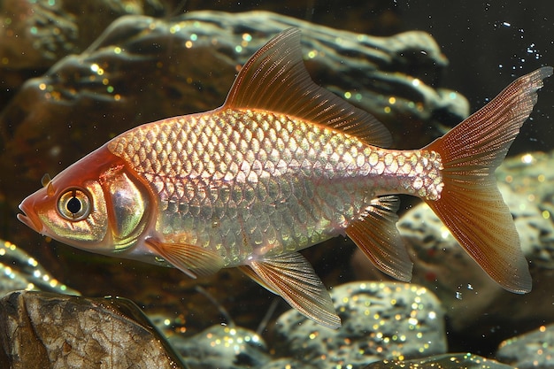 Goudvis met glinsterende schubben die op goud lijken en zwemmen in kristallig helder water