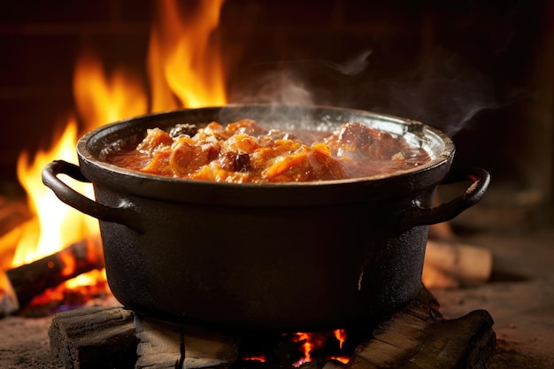 Goulash bubbling in a cast iron pot over open flames created with generative ai