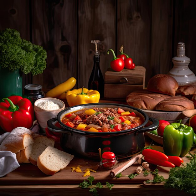 Goulash een soep of stoofpot van vlees en groenten op smaak gebracht met paprika