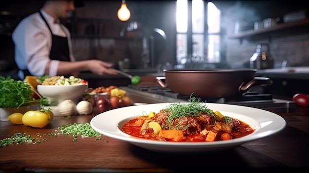 Goulash een soep of stoofpot van vlees en groenten op smaak gebracht met paprika