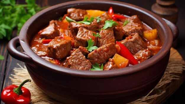 Photo goulash hungarian meat and vegetable stew with paprika and spices