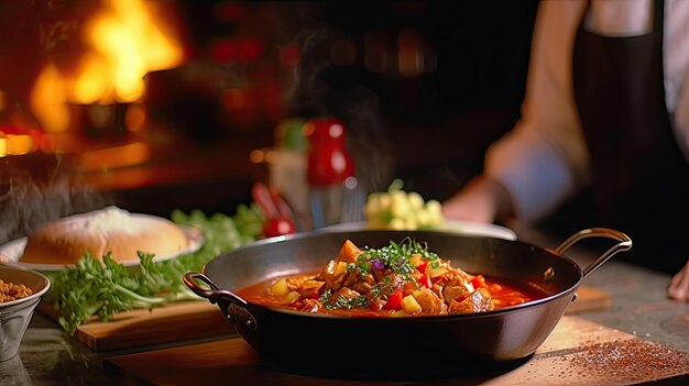 Goulash a soup or stew of meat and vegetables seasoned with paprika