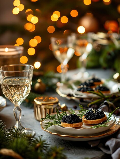 Gourmet aperitief met zwarte kaviaar op een feestelijke tafel met een kerstlicht achtergrond