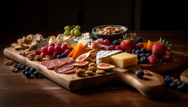 A gourmet appetizer tray with fresh fruit bread and cheese generated by AI