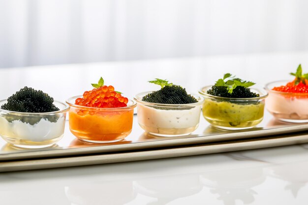 gourmet appetizers with red and black caviar served in elegant glassware on white table