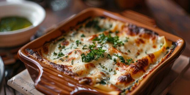 Photo gourmet baked cheesy pasta dish with fresh parsley garnish