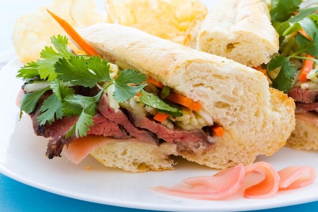 Gourmet banh-mi sandwich with chips on the side.