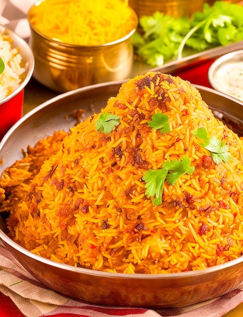 Gourmet biryani with saffron rice and chicken generated by ai