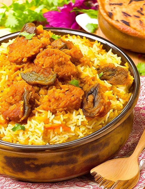 Gourmet biryani with saffron rice and chicken generated by ai