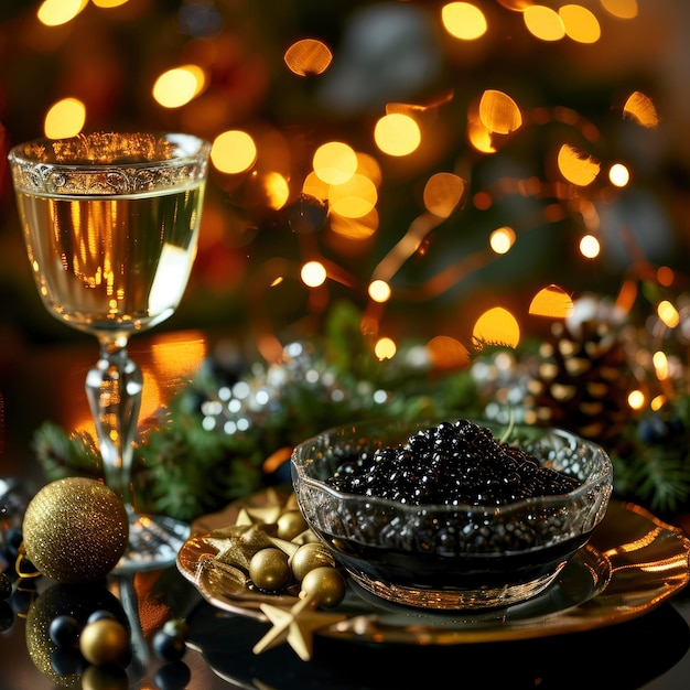 Foto aperitivo gourmet di caviale nero con decorazione su una tavola festiva
