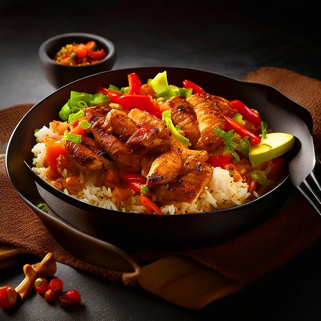 A gourmet bowl divided into three sections black pepper chicken and 20 crisp and colorful vegetab