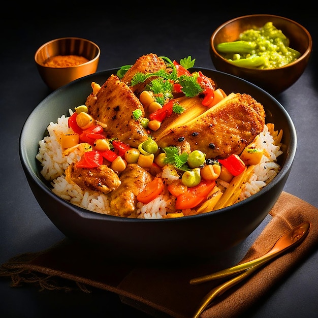 A gourmet bowl divided into three sections black pepper chicken and 20 crisp and colorful vegetab