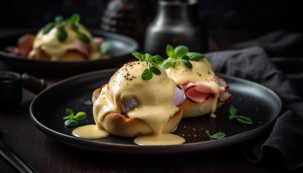 A gourmet brunch plate with grilled pork fresh vegetables and hollandaise sauce generated by AI