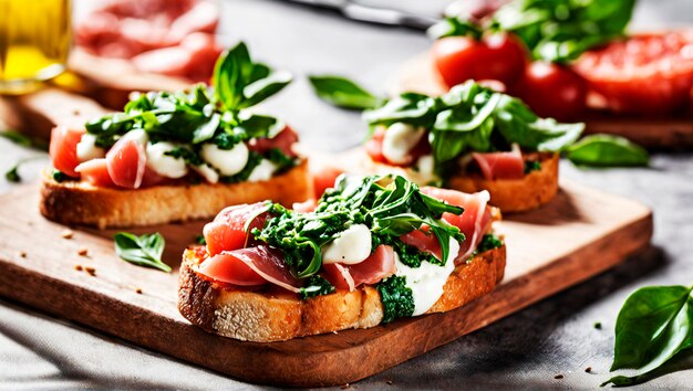 Gourmet Bruschetta Mozzarella Prosciutto and Arugula Pesto Perfection