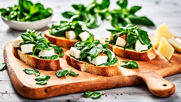 Gourmet Bruschetta with Mozzarella Pesto Arugula Parmesan