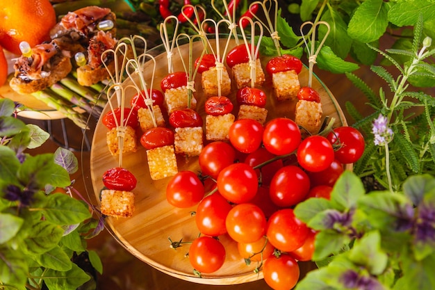 Gourmet buffet meals Cherry tomato sticks with fried tapioca cubes with cheese