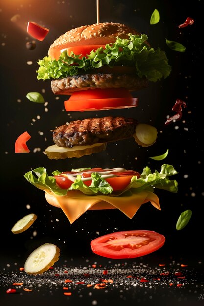 Gourmet burger floating in the air with ingredients on a black background