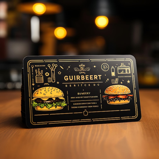 Gourmet burger joint business card bold black and yellow col concept ideas card clean blank